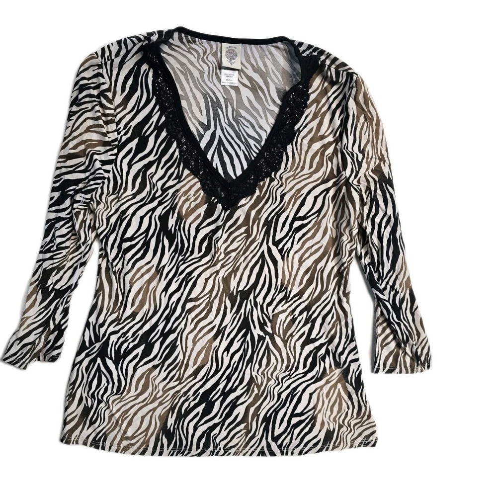 In Bloom by Jonquil zebra Top‎ 3/4 Sleeves  M Lace Trim